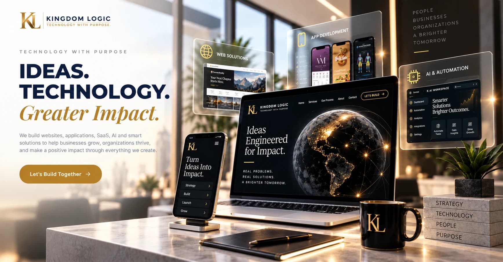 Kingdom Logic — Ideas. Technology. Greater Impact. A laptop, phone, and floating interface panels representing website, app, and AI/automation work, in a warm office environment
