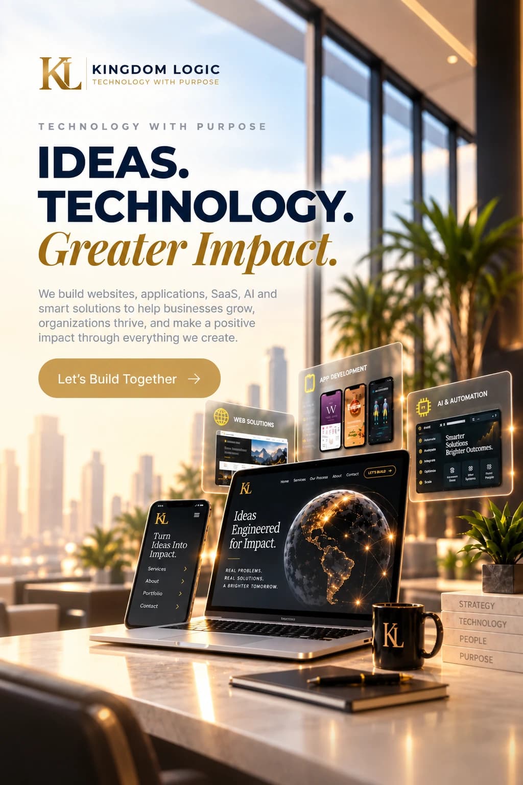 Kingdom Logic — Ideas. Technology. Greater Impact. A laptop, phone, and floating interface panels representing website, app, and AI/automation work, in a warm office environment