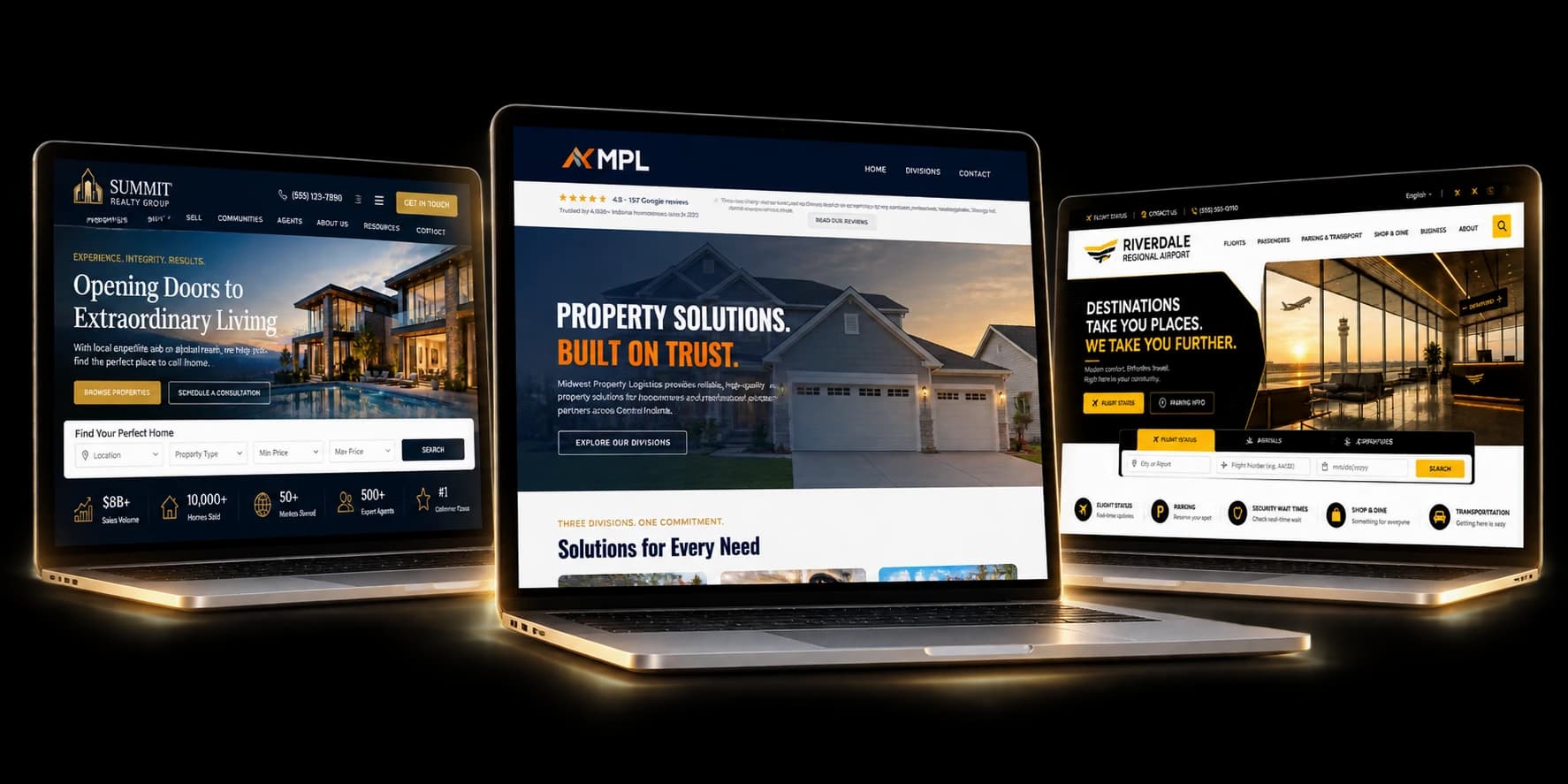 Three real Kingdom Logic website design projects shown on laptop screens